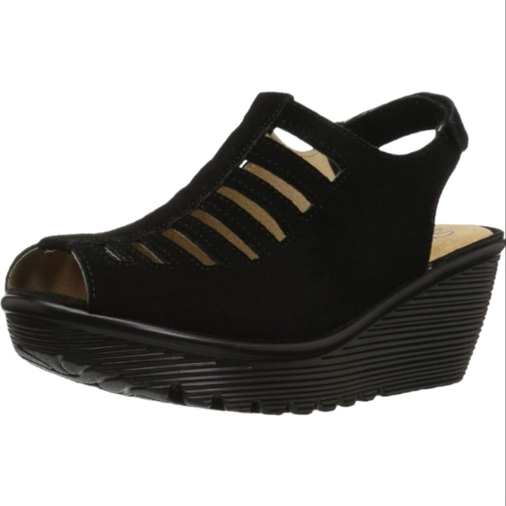 Skechers Women's Black Leather Parallel-Trapezoid Wedge Sandal Size 9.